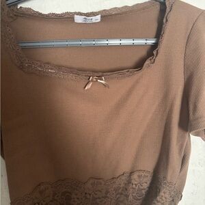 Ardene Brown Ribbed Short Sleeve Top with Lace Trim